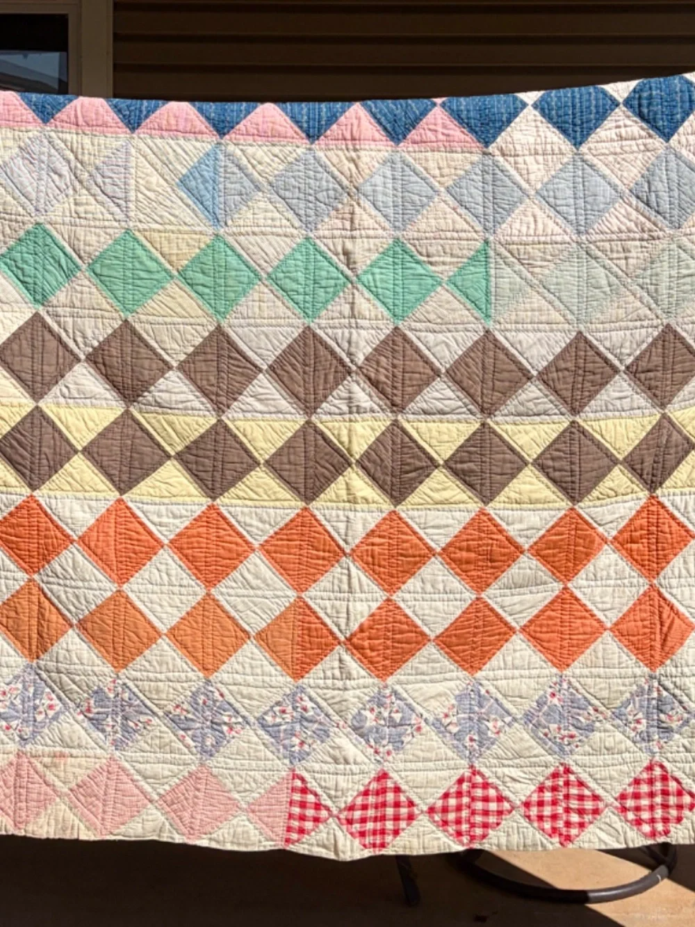 Vintage 1950s Patchwork Quilt 62 x 82, Handmade Hand Quilted Diamond Quilt